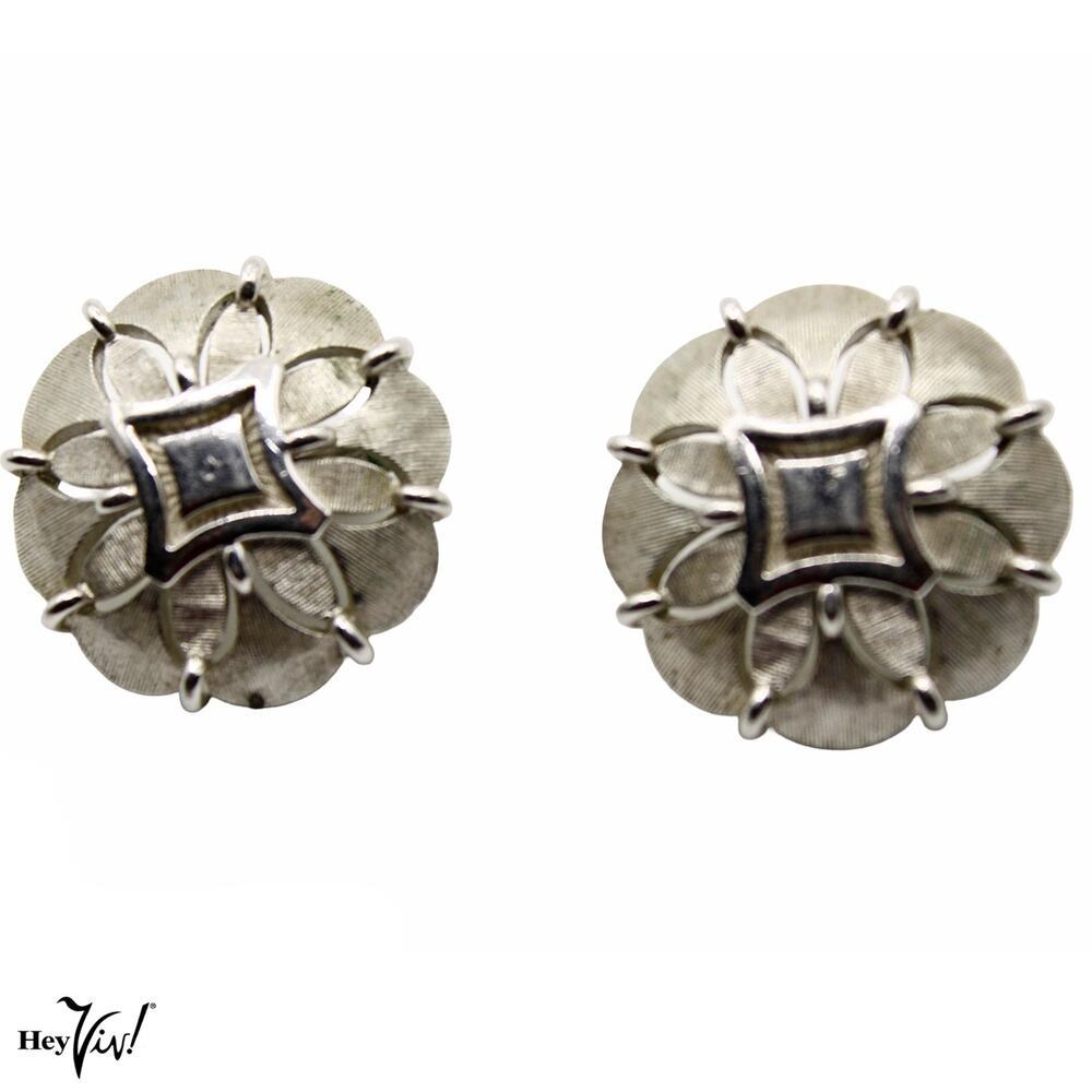 Vintage Trifari Silver Tone Clip-On Earrings Floral Geometric Design 1" -Hey Viv